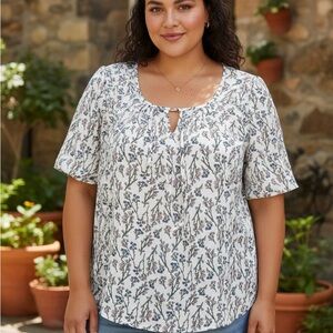 Van Heusen XL Floral Keyhole Blouse Short Sleeve Cream Pink Blue